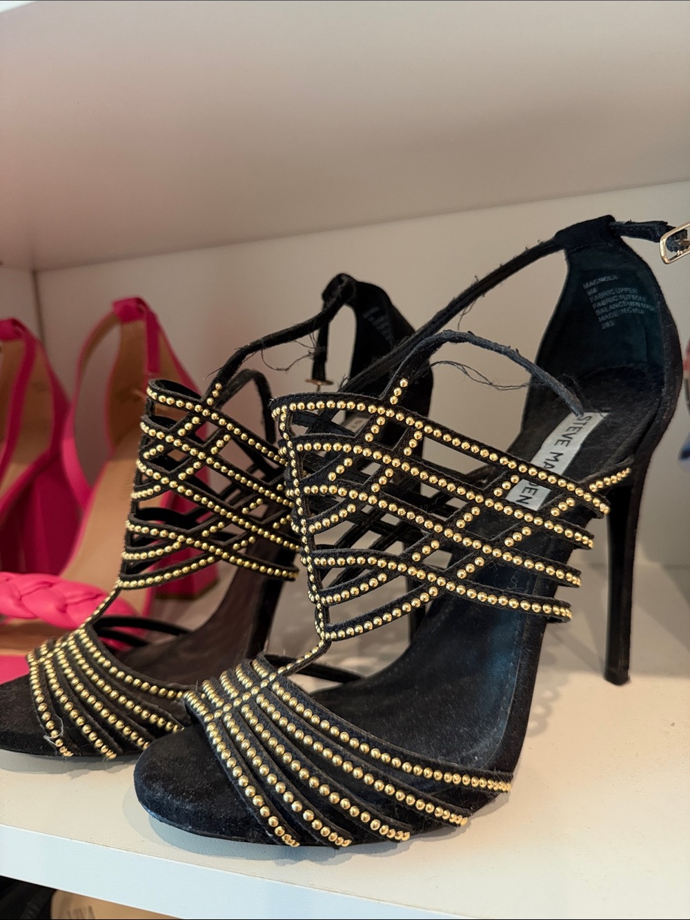 Steve Madden Black Suede Heels with Gold Stud Embellishments